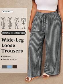 Elaquor Plus Size Women's Drawstring Waist Striped Pattern Loose Versatile Long Pants - Black - View 8