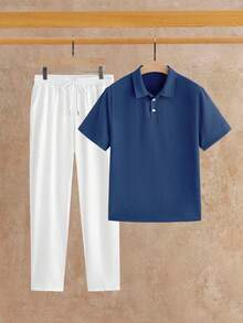 HIMLAND Conjunto de camisa de manga corta con botones y media tapeta texturizada y pantalones cortos con cintura de cordón para hombres - Multicolor - Ver 10