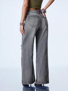 Y2Kool Gray Heavy Water-Washed Cotton Distressed Ripped Y2K Streetwear Grunge Punk Casual Street Style Loose Denim Jeans For Women Autumn Going Out Night Out - Grey - View 2