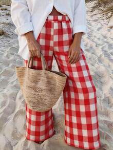 Vaclyn Women Pants Beach Red And White Plaid Boho - Red - View 4