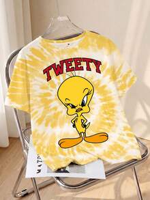 LOONEY TUNES X SHEIN Plus Size Tie-Dye & Cartoon Graphic Round Neck Short Sleeve T-Shirt - Yellow - View 1