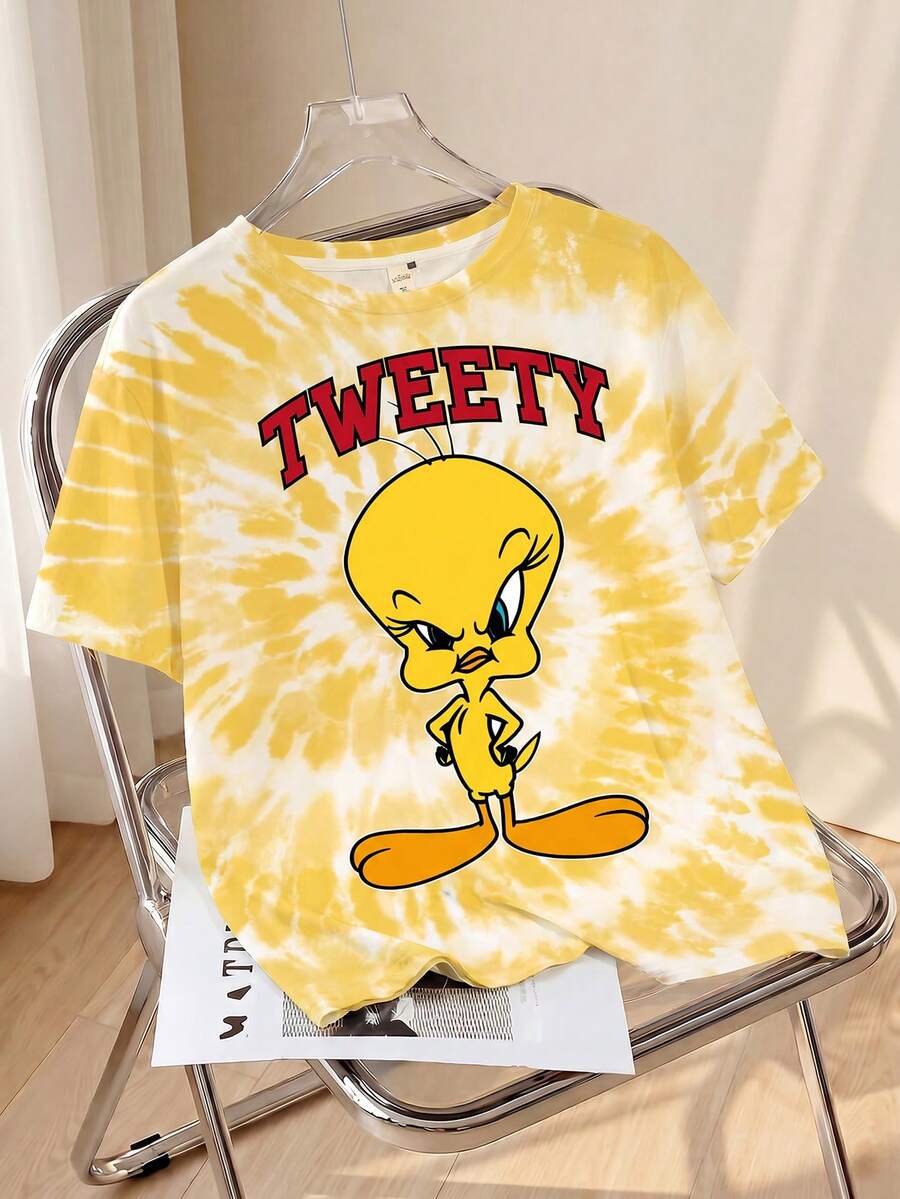 LOONEY TUNES X SHEIN Plus Size Tie-Dye & Cartoon Graphic Round Neck Short Sleeve T-Shirt - Yellow - View 1