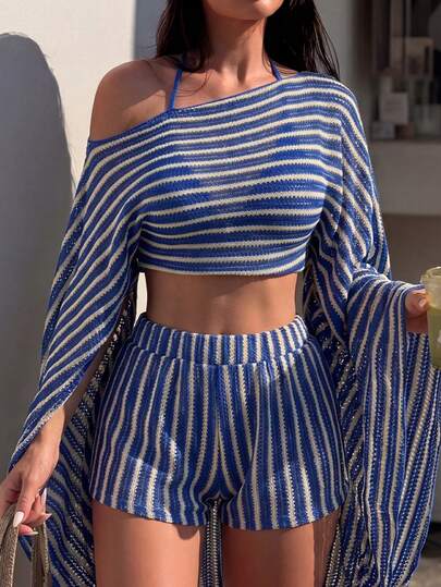 SHEIN Swim Spring/Summer New Colorful Knitted Loose Off-Shoulder Sexy Long Sleeve Cardigan & Shorts Beach Bikini Set Women's Swimwear