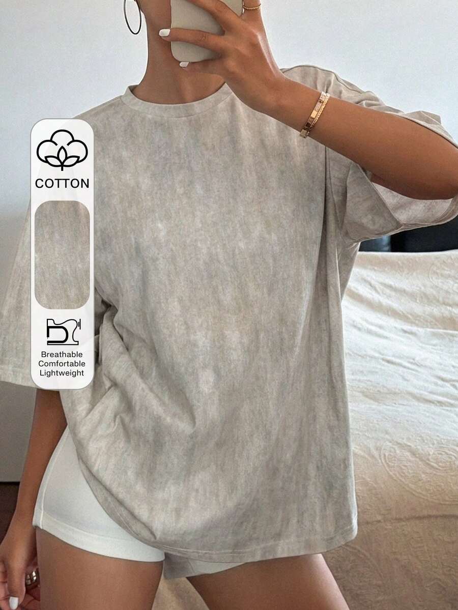 DAZY 女款字母印花淺灰色休閒街頭風極簡圖案寬鬆牛仔襯衫,適合夏季日常居家居家休閒、夜晚外出與逛街 - 卡其色 - 查看 1