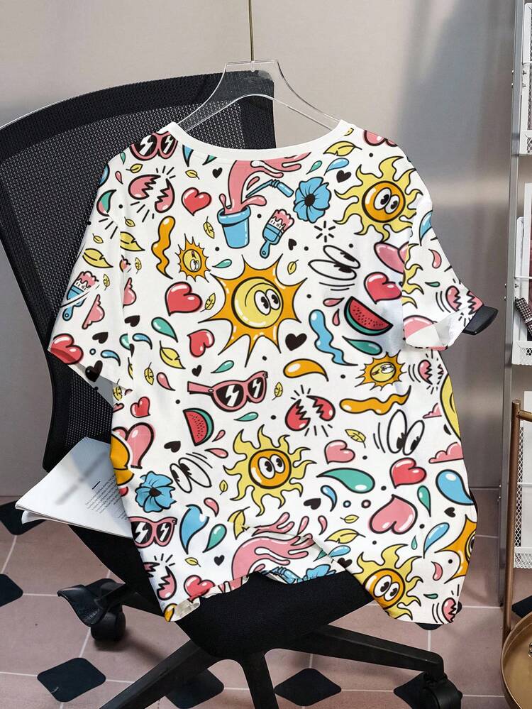 LOONEY TUNES X SHEIN Plus Size Cartoon Print Casual Round Neck Short Sleeve T-Shirt, Summer - White - View 2