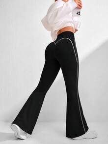SHEIN Sports 1pc Black Contrast Line High Waist Flared Yoga Pants, Butt Lifting Slimming Sports Leggings, Soft Comfortable Fit, Suitable For Workout, Running, Casual, Yoga - Black - View 5