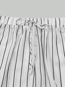 SHEIN Lacomfia Plus Size Women's Summer Set Navy Blue Round Neck Sleeveless Top + Vertical Striped Wide Leg Pants Casual Versatile Slimming 2-Piece Set - Blue - View 4