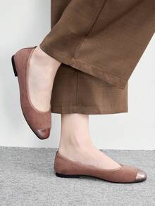 CUCCOO BIZCHIC 女鞋 春秋拼接方頭平底鞋，簡約麂皮通勤購物鞋 - 淺棕色 - 查看 5