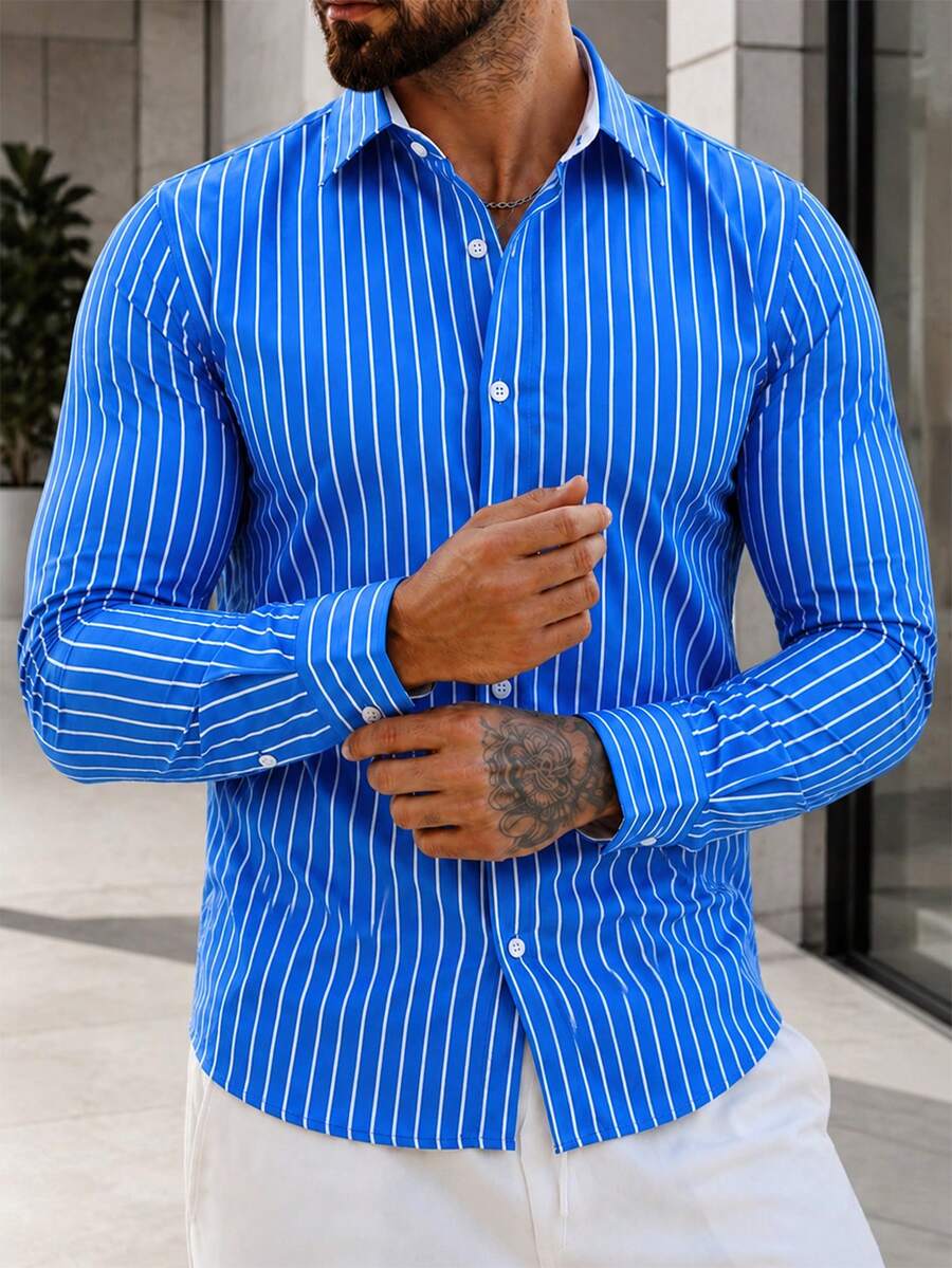 Manfinity Mode Men's Business Casual Digital Print Striped Contrast Front Panel Long Sleeve Shirt, Ceremony - Blue - View 1