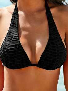 Swim Vcay Conjunto de traje de baño para mujer con top de bikini triangular de cuello halter y espalda descubierta en tela texturizada y braguita de bikini triangular con lazo lateral - Negro - Ver 3