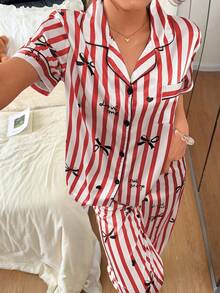 Softscene Faux Silk Bow Heart Letter Print Lapel Short Sleeve Long Pants Pajama Set - Red - View 3