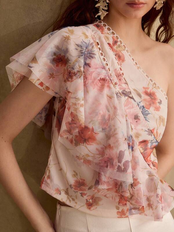 MOTF PREMIUM Áo blouse nữ xuân/hè một vai, vải lưới in họa tiết, thiết kế bèo nhún, dáng rủ bay bổng thanh thoát
