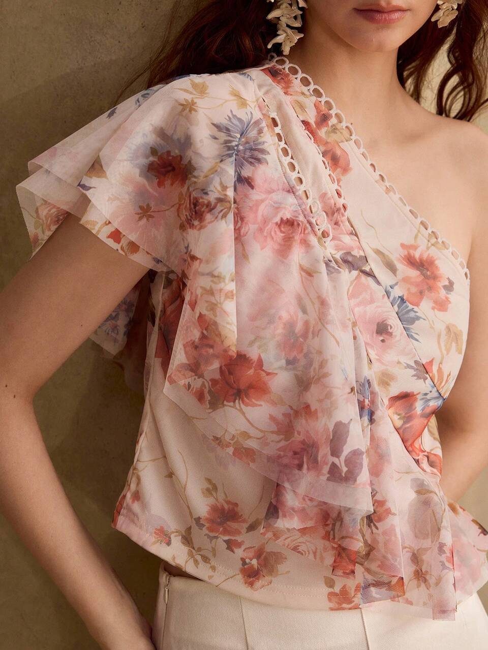 SPRING/SUMMER WOMEN'S ONE-SHOULDER MESH PRINTED RUFFLE DESIGN FLOWY ETHEREAL BLOUSE