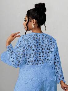 Maweii Camisa de manga larga de unicolor con diseño calado para tallas grandes - Celeste - Ver 2