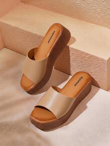 HighSole Brown Elegant Square Toe Wedge Heel Thick Sole Mid-Heel Pumps, Comfortable Slip-On Casual Dress Shoes For Women, Suitable For Workplace, Commute, Date, Party, Formal Occasions - Brown - View 1
