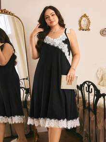 Côtesoire South France Elegant Casual Colorblock Lace Strap Plus Size Nightgown - Black - View 4