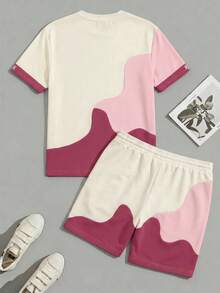 Sorvial Set Pakaian Pria: Kaos Lengan Pendek Kerah Bulat Warna Kontras dan Celana Pendek Pinggang Bertali - Hot Pink - View 3