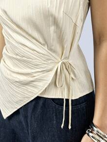 LYSMO Women's Round Neck Sleeveless Pleated Tie-Front Tank Top - Apricot - View 7