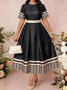 Fleurora Plus Size Summer Elegant Color Block Geometric Print Dress - Multicolor - View 6