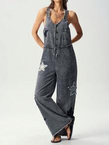 Bohemela Summer Casual Loose Dark Grey 90% Cotton Snow Washed Five-Pointed Star Applique Embroidered Loose Denim Overalls - Multicolor - View 4