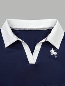 SHEIN 少女骑士印花撞色Polo领短袖T恤和短裤休闲套装 - 藏蓝色 - 查看 4