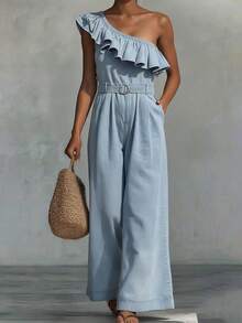 DAZY Ruffled Asymmetric Shoulder Cinched Waist Women's Denim Jumpsuit Romper Vacation Light Blue Summer Sexy Elegant - Blue - View 6