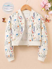 Tween Girl Floral Print Long Sleeve Zipper Front Baseball Jacket - Apricot - View 4