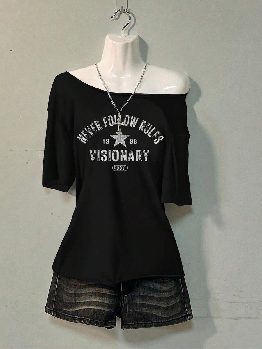 Attitoon 女款黑色星星印花落肩T恤 - Y2K/復古/Grunge/龐克,夏季街頭風,軟妹風 - 黑色 - 查看 1