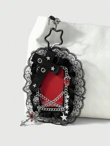 ROMWE 1 Spice Girl Heavy Industries Gothic Black And Red Leather Air Eye Rivets Rhinestone Cross Simulation Heart Chain Lace Lace Card Keychain Bag Pendant - Black and red-13 - View 4