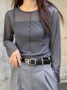 FRIFUL Women's Gray Round Neck Sheer Form-Fitting Layering Top Long Sleeve Women Tops - Dark Grey - View 3