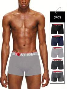 EasyFave 5pcs/Pack Men's Letter Print Boxer Briefs - Multicolor - View 1