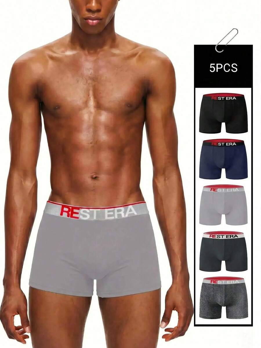 EasyFave 5pcs/Pack Men's Letter Print Boxer Briefs - Multicolor - View 1