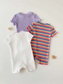Cozy Pixies Conjunto 3 Peças Macacão Infantil Menina Estampa Floral Listrada Tricô Macio Gola Redonda Manga Curta - Malva - Visão 2