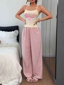 Dream Adore Women's Knitted Pink Heart Print Camisole & Plaid Long Pants Pajama Set - Multicolor - View 5