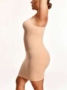 SHEIN Vestido de tubo de unicolor de verano con tirantes elásticos para tallas grandes - Beis - Ver 4