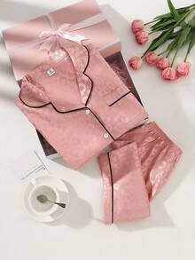 SHEIN 青少年女孩經典豹紋翻領短袖短褲舒適兩件式睡衣家居服套裝 - 彩色 - 查看 3