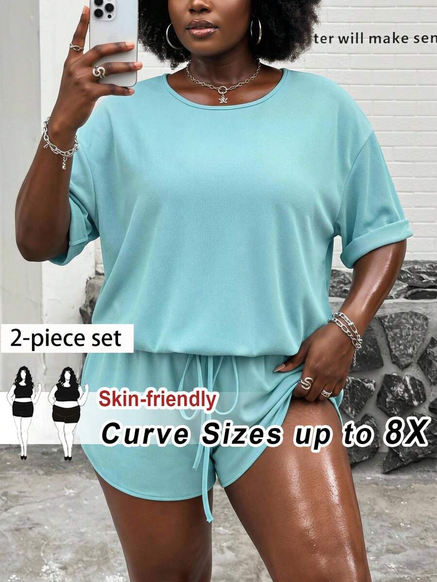 SHEIN CURVE+ Slayr 大码纯色抽绳开衩两件套,夏季 - 藍色 - 查看 1