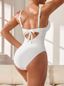 Swim DD+ Maillot de bain une pièce de couleur unie pour femmes, convient pour les vacances à la plage, les fêtes de piscine, les fêtes de plage - Blanc - Voir 2