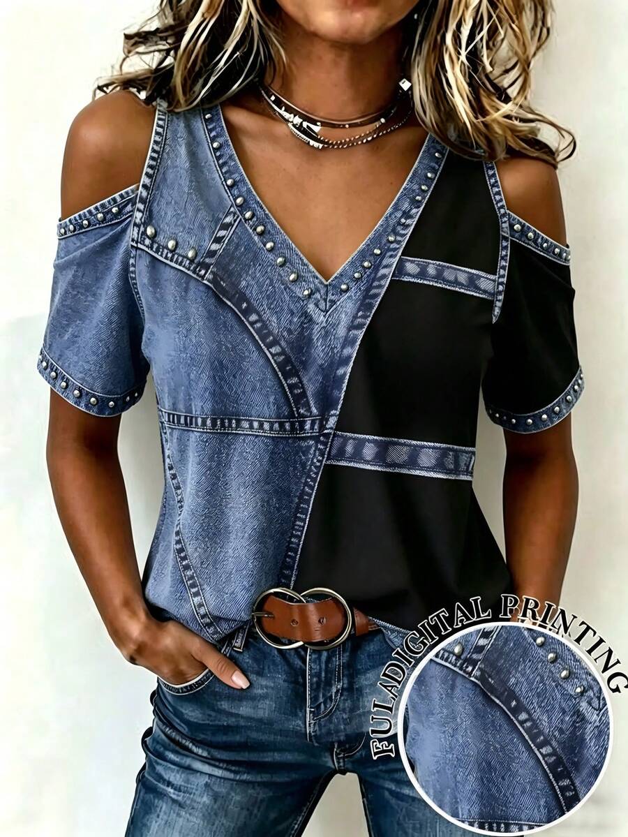 EMERY ROSE Women's Spring/Summer American Retro Rivet Open Shoulder Minimalist Fashion Personalized Denim Effect Patchwork V-Neck Short Sleeve Design Rivet Open Shoulder V-Neck T-Shirt - Multicolor - View 1