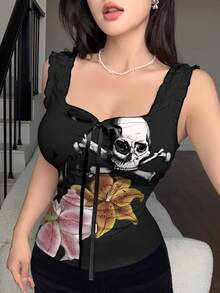 Modelyn 女款個性化扶桑花與骷髏圖案背心，寬肩帶設計，夏季時尚蝴蝶結裝飾，修身收腰緊身，黑色萬聖節 - 彩色 - 查看 4