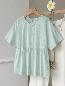 SHEIN EZwear 100%純棉淺綠色亞麻編織女款襯衫，夏季上衣，適合日常通勤、約會、聚會，秋冬春夏，聖誕節、新年、感恩節、派對、婚禮、海灘、畢業、時尚、優雅、休閒、外出、約會、預約、通勤、亮麗、情人節、優雅、度假 - 綠色 - 查看 5