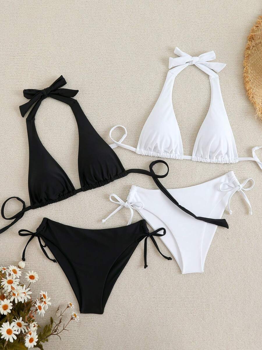 Swim Vcay 女款夏季海灘掛脖比基尼泳衣 黑白兩件套 - 黑與白 - 查看 1