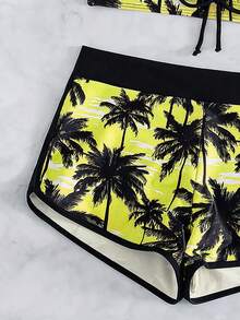 SHEIN Swim Women's Vacation Bow Halter Tie Top And Coconut Tree Print Shorts Two-Piece Swimsuit Set (Random Print) - Yellow - View 5