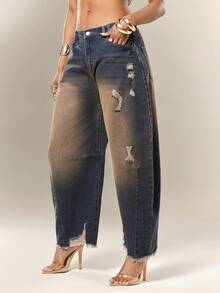 Denimoi Women's Button Half-Placket Pocket Distressed Frayed Hem Barrel Leg Jeans - Blue - View 3