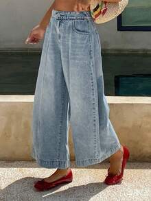 Livesso Jeans en denim taille haute ample à jambes larges pour femmes, avec poches latérales, bleu clair, convient pour les vacances et le port décontracté d'été - Blanc - Voir 3