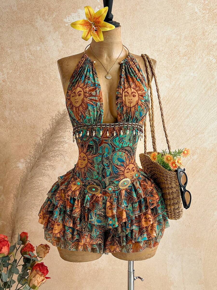Soleia 新款度假V領流蘇裝飾金屬環掛脖多層荷葉邊圖騰太陽女款連身褲 波希米亞風 波西米亞 度假 復古 假日 海灘度假村 郵輪 海灘 - 彩色 - 查看 1