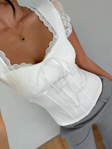 RiviMae Sexy Elegant Lace Top, Exquisite Waist-Cinched Romantic Date Going Out White Summer - Apricot - View 8
