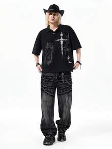 ROMWE MEN Men's Cross Slogan Print Casual Versatile Daily Wear Short Sleeve Polo Shirt - Black - View 8