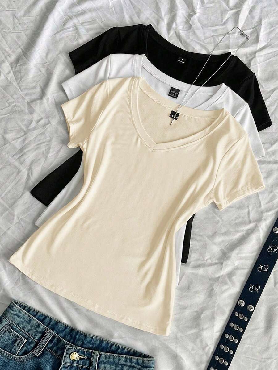 SHEIN EZwear 3件組女款夏季V領修身T恤,龐克次文化動漫風素色基本款短袖修身T恤 - 彩色 - 查看 1