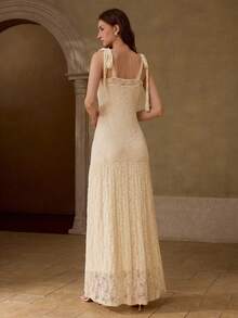 MOTF PREMIUM WOMEN'S SUMMER LACE SHOULDER KNOT MAXI STRAP DRESS WEDDING BIRTHDAY MOTHER OF THE BRIDE VACATION WHITE SEQUIN ELEGANT ROMANTIC - Beige - View 5